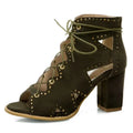 Brown lace-up heeled shoe with gold studs on a white background, Obroi