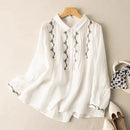 Linen Shirt for Women Summer Embroidery Blouses Top Turn-down Collar
