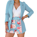 Women Blazer Shorts Set Solid Thin Coat High Waist Flower Short Pants Commute Cardigan Style Lady Outfit