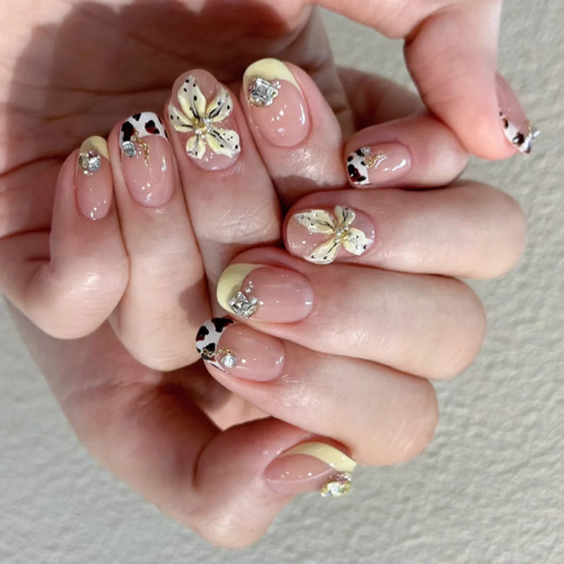 Pink Flowers Metal Bead Wearable Nail Chic Short Almond Press on Nails