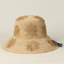Women Foldable Raffia Bucket Hat with Sunflower Design Wide Brim Summer Beach Sun Hat