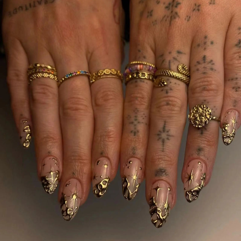 24pcs Gold Baroque False Nails Patch French Gold Star Nail Almond Wearable Girl Press on nail Tips Manicure Sets