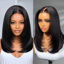 7x5 Lace Pre Layered Side Part Yaki Straight Wig Human Hair Glueless Wig Short Bob Wigs 150% Density