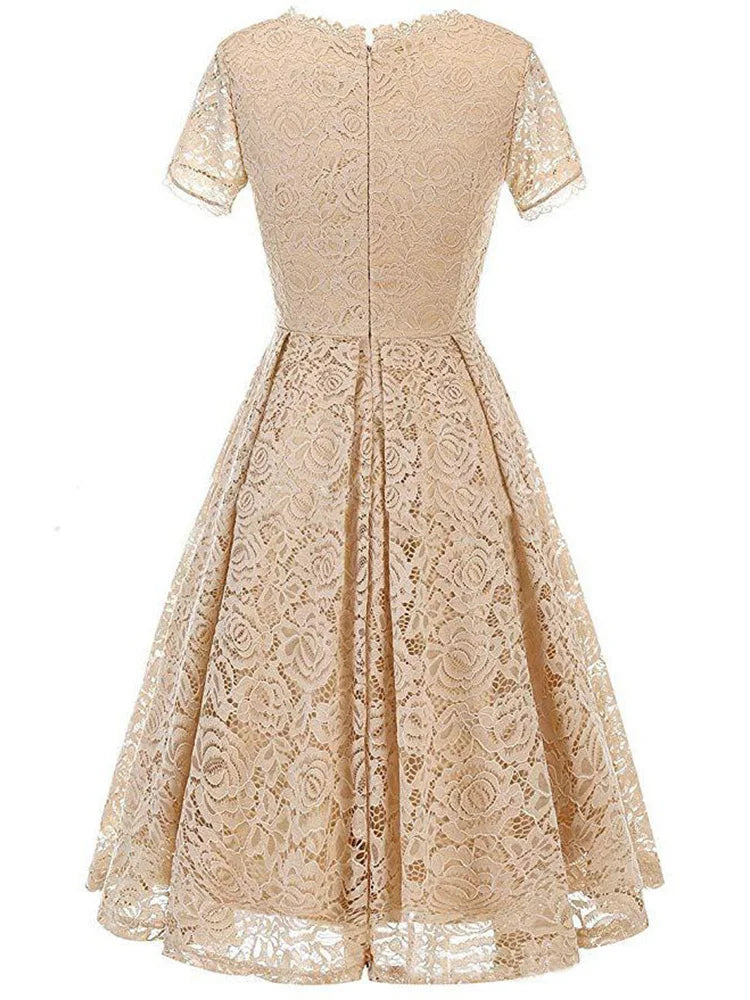 Elegant Lace Swing Party Short Prom Dress Short Sleeve Solid Evening Dresses