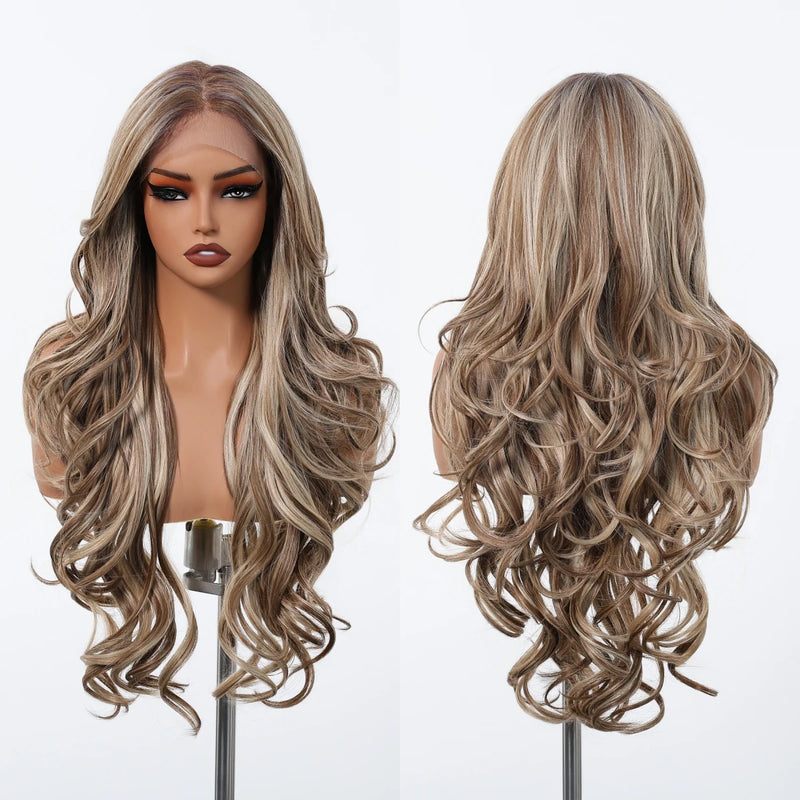 Brown Highlight Wigs Front Wig For Women Long Layer Hair Heat Resistant Natural Hairline