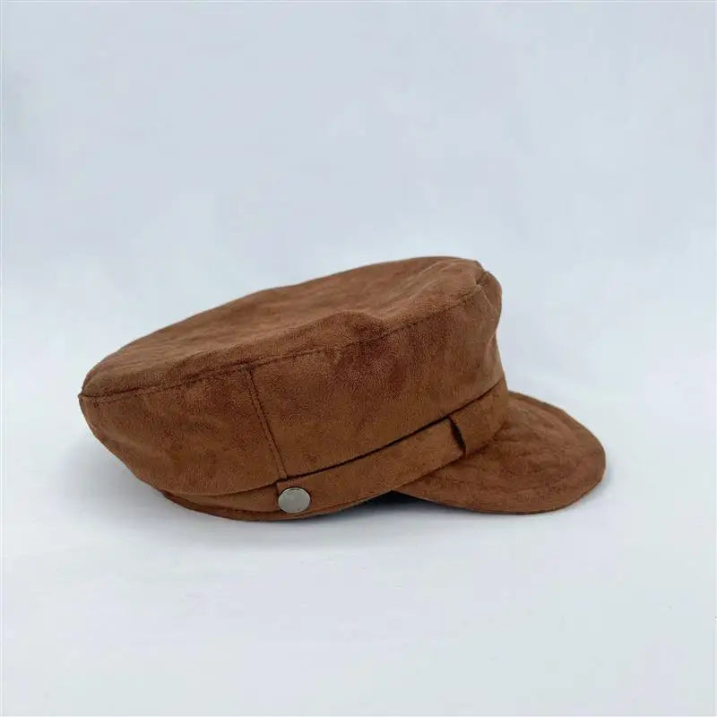 Retro Brown Suede Winter Military Cap Men Women Flat Newsboy Cap Autumn Belt Ribbon Visor Hat