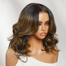 7x5 Lace Balayage Highlight Wavy Bob Wig With Drawstring Put On & Go Glueless Human Hair Wig Ready To Wear
