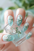 Medium nails for women girls half clear gradient flowers design full cover press on Nails art