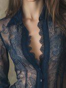 Women See-Through Lace Long Sleeve Button-Down Shirt Tops Casual Elegant Lace Edge Shirts