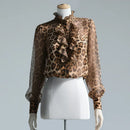 Women Leopard Mesh Tops Stand Neck Long Sleeve Ruffles Blouses Elegant T-shirt Female Tops