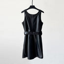 Fall Real Leather Dress for Women Single breasted Dress Lace-up Belt Mid-length Dresses