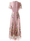 Women Dress Summer Mesh Flowers Embroidery Pink Elegant Long Party
