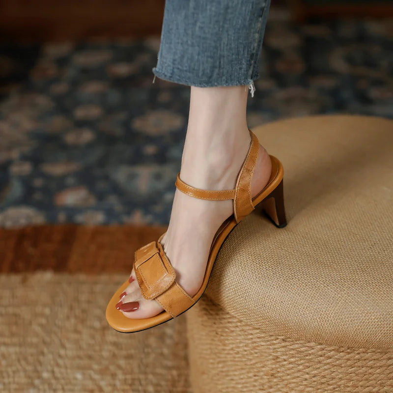 Vintage Leather Sandals Ladies Buckle Summer Sandals Thick High Heels Slingbacks Women Sandals