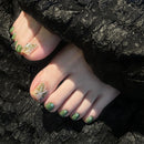 24pcs Summer Fresh Green False Toenails White Edge Butterfly Designs Press On Toenail Detachable