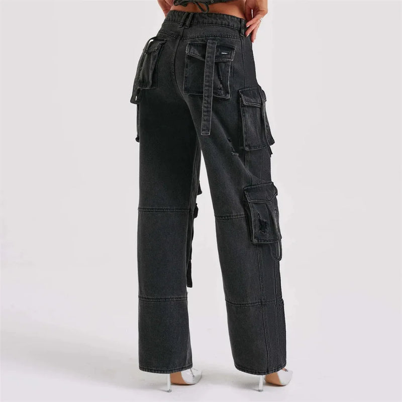 Chic Women Casual Loose Straight Cargo Jeans Pants Female Wide Leg Denim Trousers