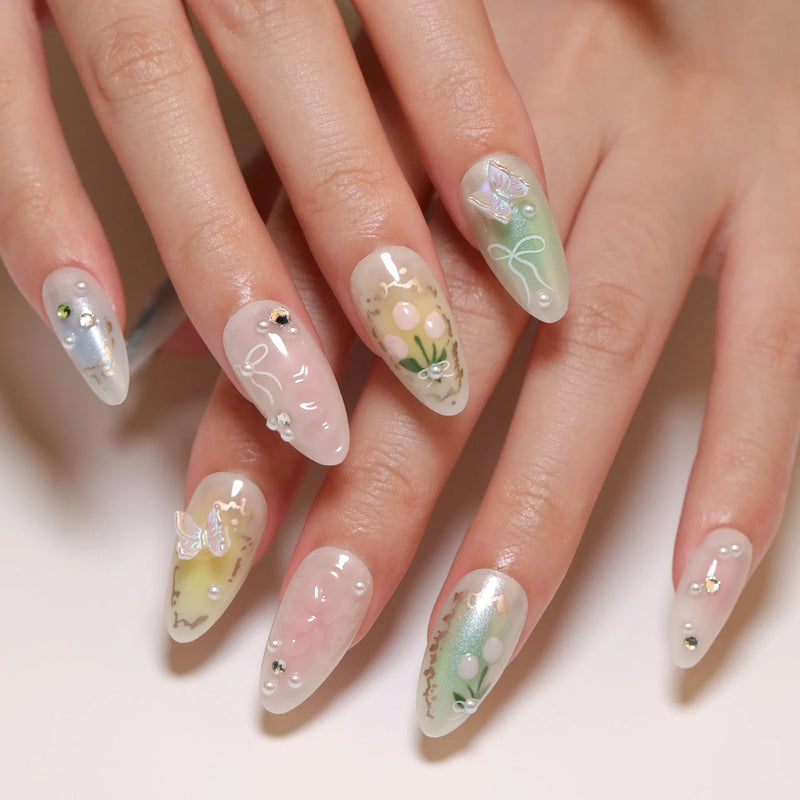 Blue Flowers White French Nail Art Almond False Nails Detachable Finished Fake Nails Press on Nails
