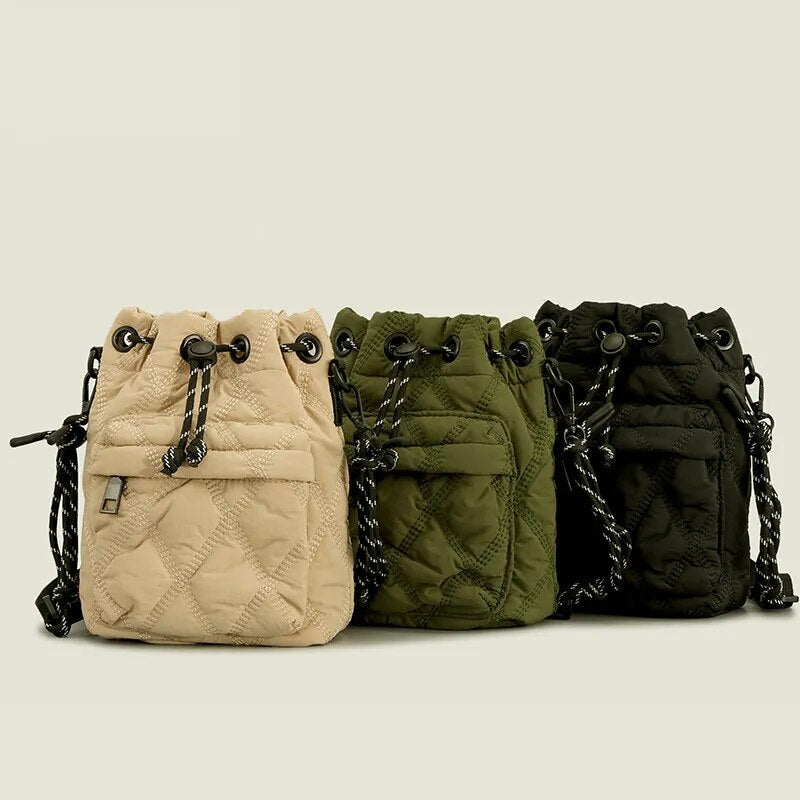 Casual Nylon Padded Women Shoulder Bags Quilted Drawstring Crossbody Bag Vintage Bucket Bag Small Tote Female Purses Winter
