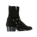 Black suede boot with silver buckle on a white background, Obroi