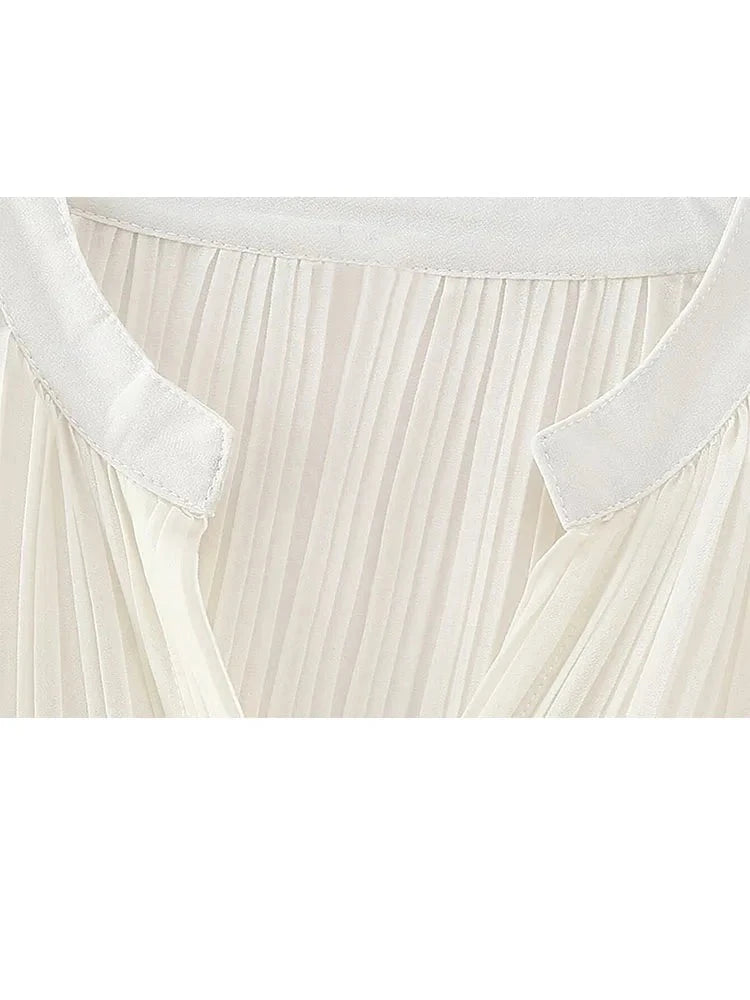 Chic Casual Loose Pleated  Women Vintage Long Sleeve Blouses Spring Office Ladies Tops