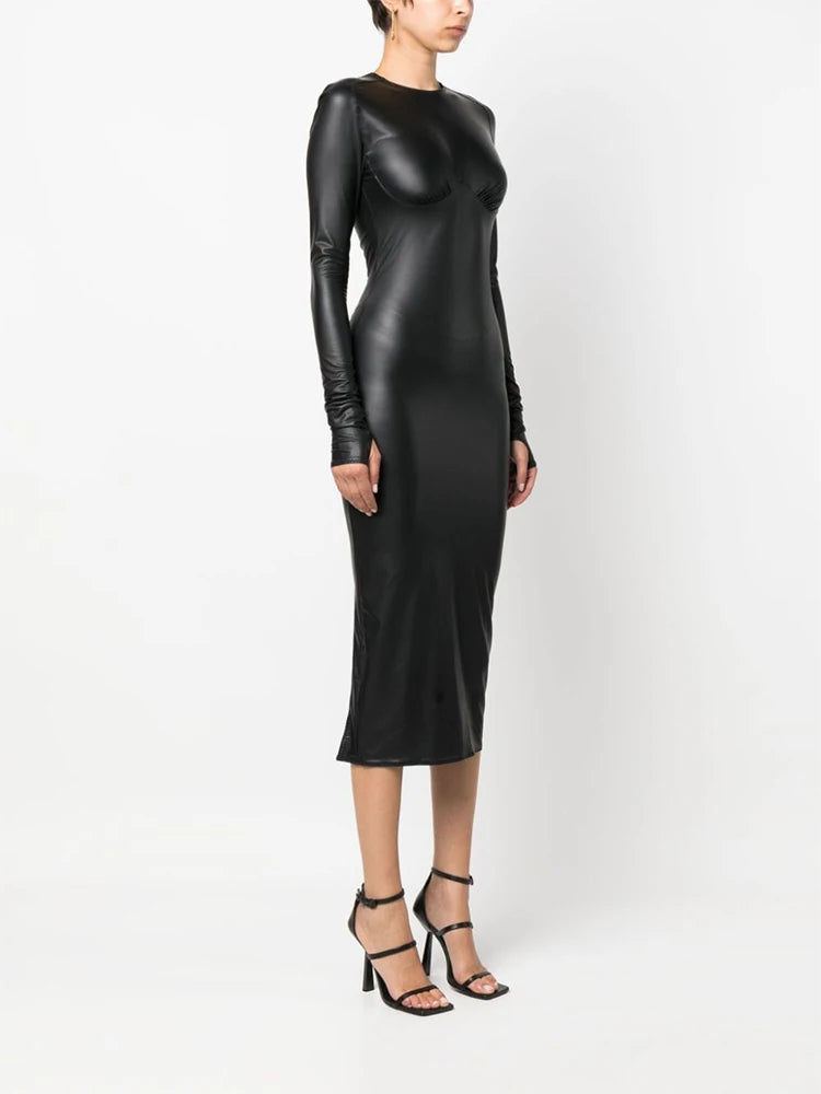 Stretch Matte Leather Dress Women Elegant Back Hem Side Split Bodycon Dress