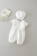 Baby Boy Infant Suit Ivory Satin Newborn Jumpsuits with Hat Toddler Clothes 0 12 24 Months