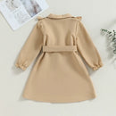 Children Girl Trench Coat Ruffled Solid Long Sleeve Lapel Double Breasted Khaki Windbreaker with Belt