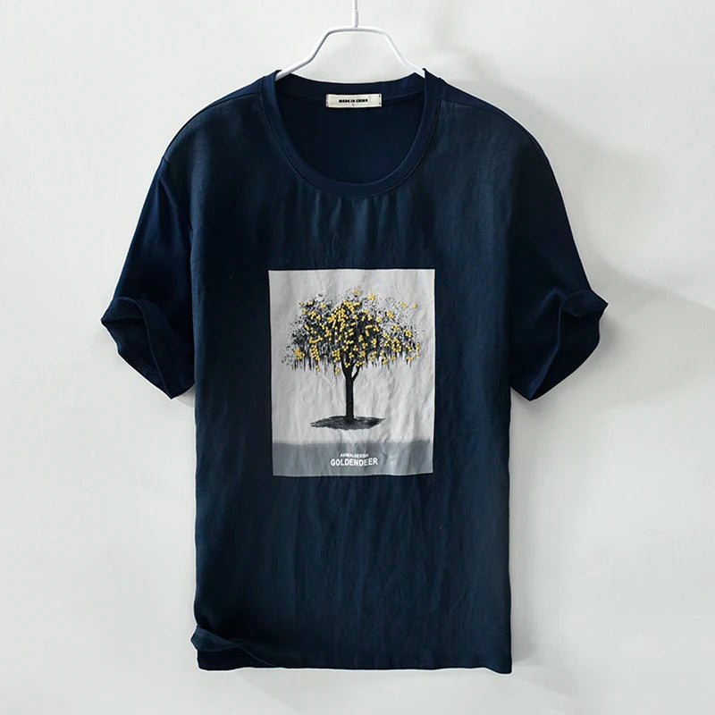 New linen embroidered round neck t-shirt men print-double-fish men t shirts short sleeve solid white tshirt mens camiseta tops