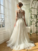 Appliques Pearl Cut-out Ball Gown Prom Dresses Floor-Length Mesh Long Sleeves Formal