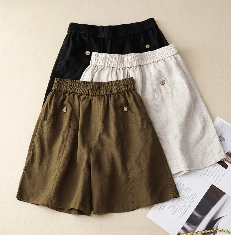 Linen Shorts Pants Casual Button Up High Waist Wide Leg Pants Clothing