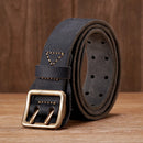Brown leather belt with a gold buckle on a wooden surface, Obroi