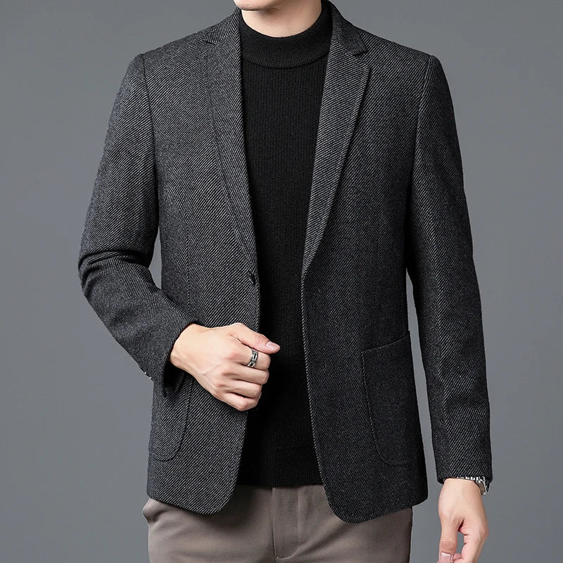 Men Elegant Tweed Blazer Coffee Red Gray Tailored Outfits Sheep Woolen Blended Outfits