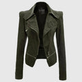Green leather jacket with zippers on a light gray background, Obroi