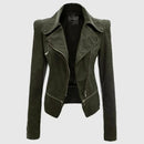 Green leather jacket with zippers on a light gray background, Obroi