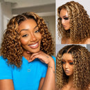 Three-panel collage showing a woman modeling a curly wig. The left panel shows a smiling woman in a bright blue shirt with the wig styled in loose curls; the top-right panel shows a side view of the wig on a model; the bottom-right panel shows a front view of the wig on a mannequin head, Obroi