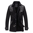 Black trench coat with leather accents on a white background, Obroi