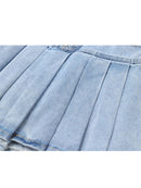 Women Punk Denim Mini Pleated Skirt Ladies Summer Vintage High Waist Ruffles Jean Skirts