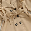 Children Girl Trench Coat Ruffled Solid Long Sleeve Lapel Double Breasted Khaki Windbreaker with Belt