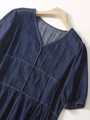 Casual Loose Short Sleeve Denim Shirt Dress Women Autumn Midi Dress Patchwork Streetwear Sundress