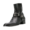 Black leather boot with a silver buckle on a white background, Obroi