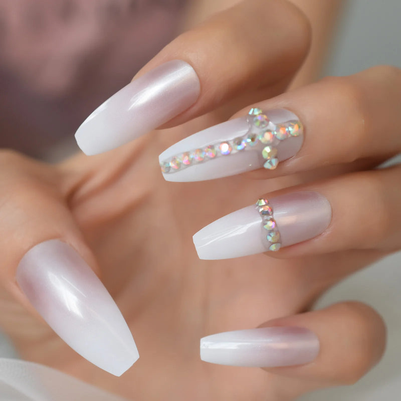 Pearl Pink Press On Nails Super Long Ballerina Thin Gel Nails Fake Artificial Fingernails