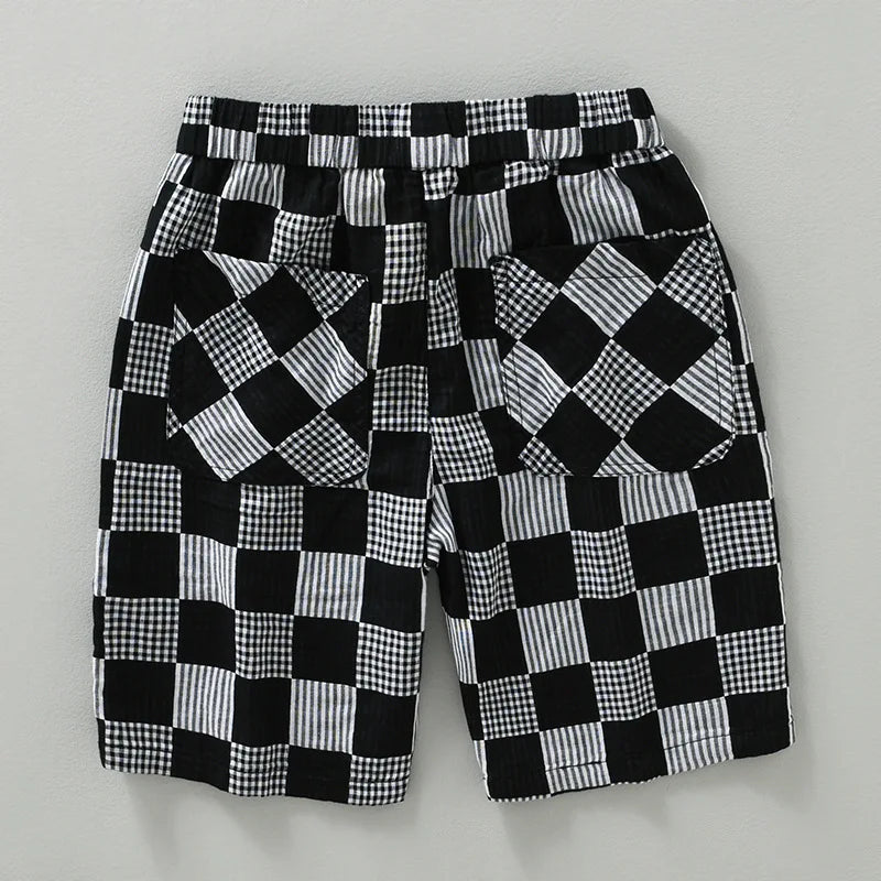Linen Strip Plaid Shorts Summer Elastic Waist Comfortable Breathable Thin Premium Half Length Pants