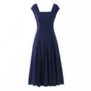 Women Square Neck Short Sleeve Midi Slim Elegant Dress Red Lace Up Evening Party Dresses