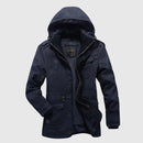 Navy blue hooded jacket on a light gray background, Obroi