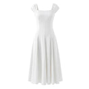 Women Square Neck Short Sleeve Midi Slim Elegant Dress Red Lace Up Evening Party Dresses