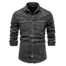 Men Denim Shirts Double Pocket Solid Casual Male Cowboy Shirts Autumn Slim Shirts for Men