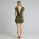 Women's Olive Green Beaded Tulle Mini Dress Deep V Back Ruched Puff Sleeve Party Cocktail Dress