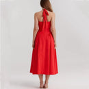 Red Corset Style Bow Halter Dress Spliced Lace Drawstring Rope Chest Pleated Slim Low Waist Folded Swing Midi Robe