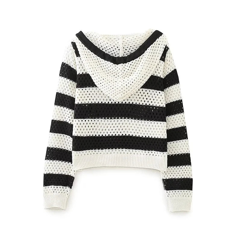 Autumn Women Vintage Striped Hooded Knit Sweater Long Sleeve Female Crop Pullover Tops