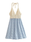 Women Summer Sweet Hollow Out Embroidery Mini Dress Sexy Slim Chic Halter Neck Super Short Dresses