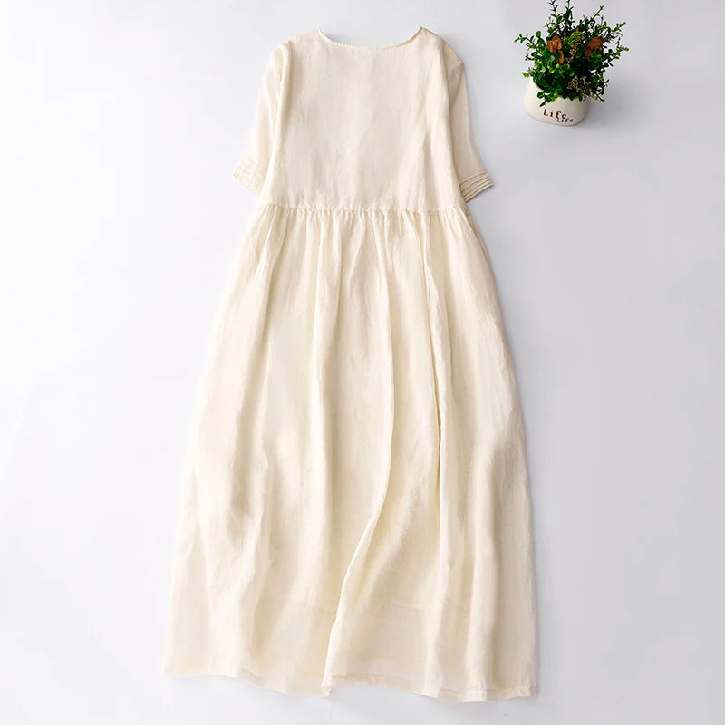 Summer High Quality Embroidery Cotton Linen Dress Literary Dresses Soft